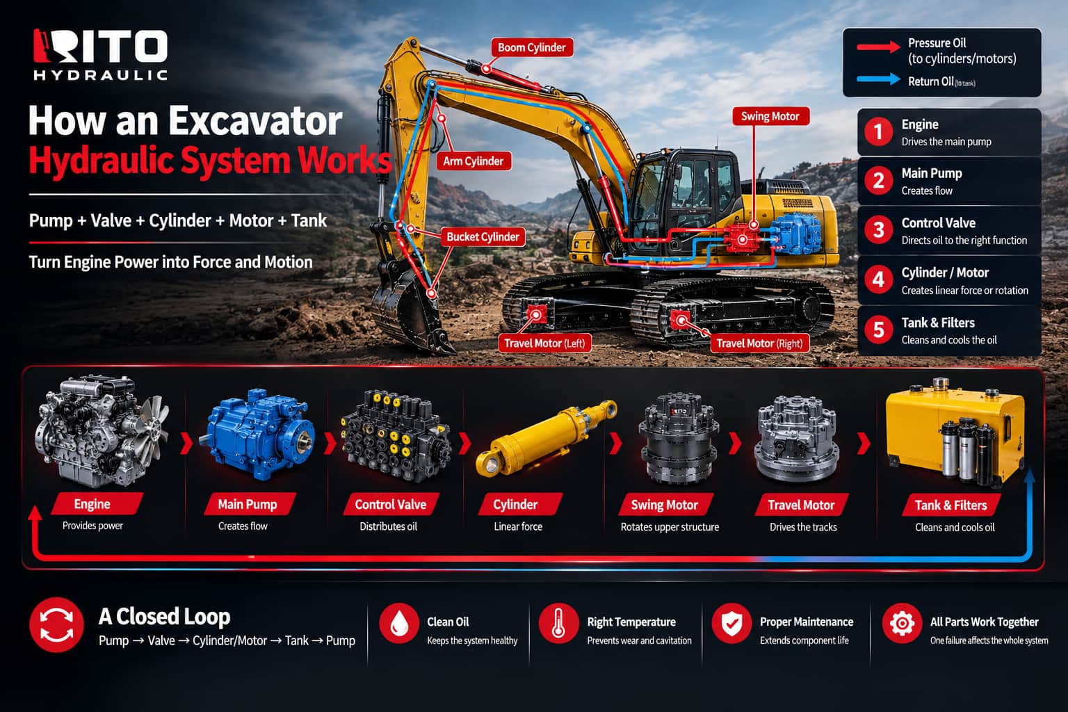 How an excavator hydraulic system works - RITO HYDRAULIC