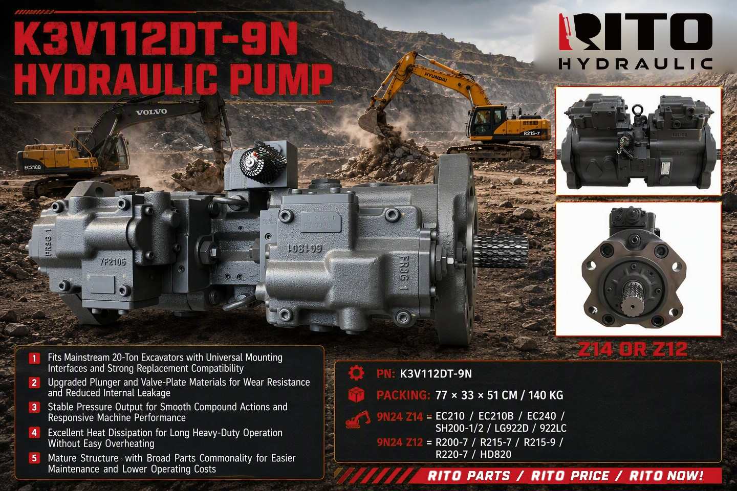 Kawasaki K3V112DT hydraulic pump K3V112DT-9N why it is common on 20-ton excavators Z14 Z12 - RITO HYDRAULIC