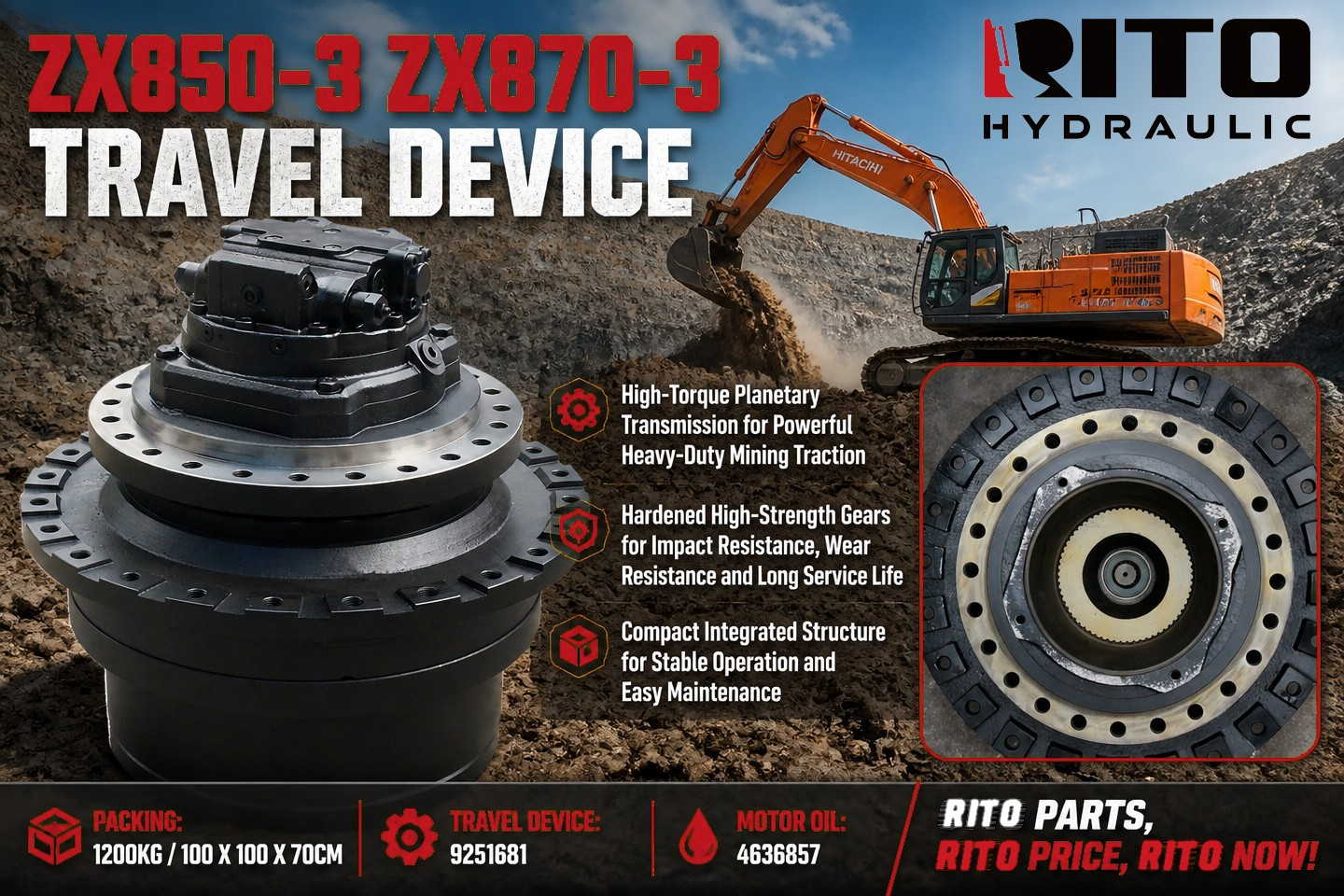 Hitachi ZX850-3 ZX870-3 travel device 9251681 - complete unit vs gearbox and oil care - RITO HYDRAULIC