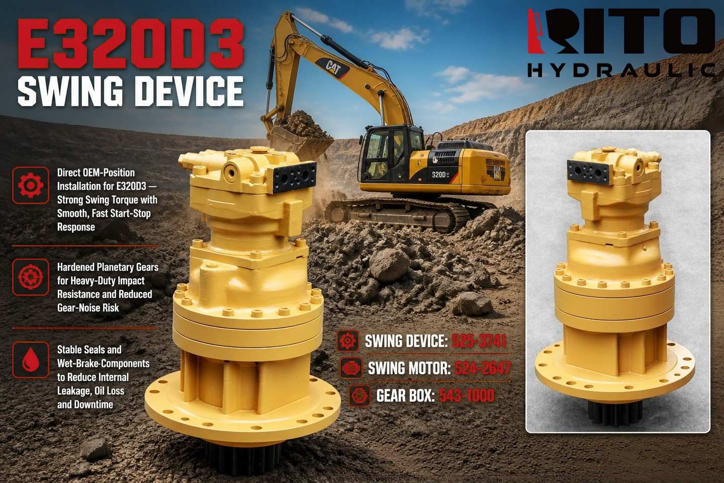 Caterpillar 320D3 swing motor assembly 525-3741 524-2647 543-1000 fitment and buying guide - RITO HYDRAULIC