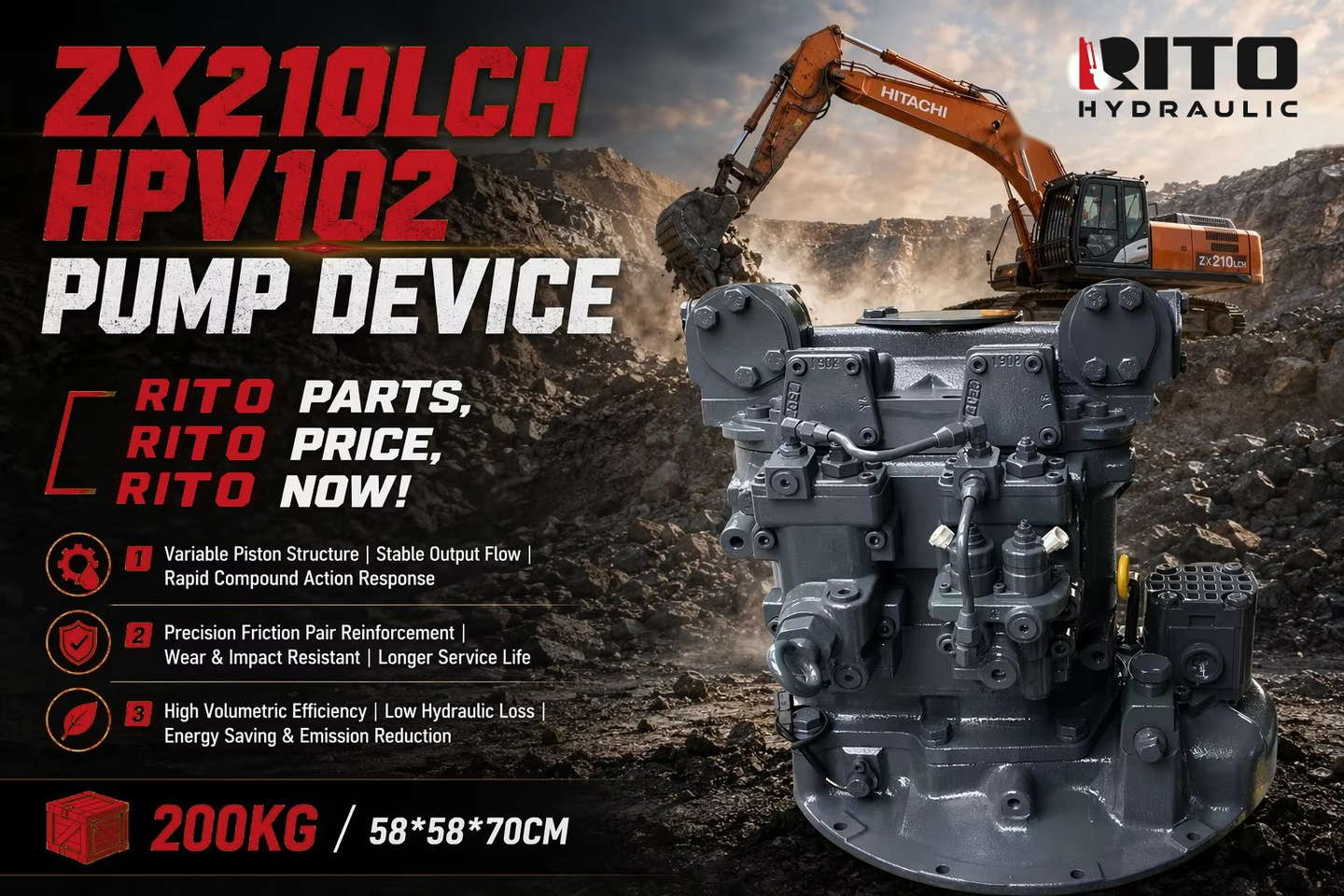 Hitachi ZX200 ZX210 ZX230 ZX270 HPV102 hydraulic pump variants and part numbers - RITO HYDRAULIC