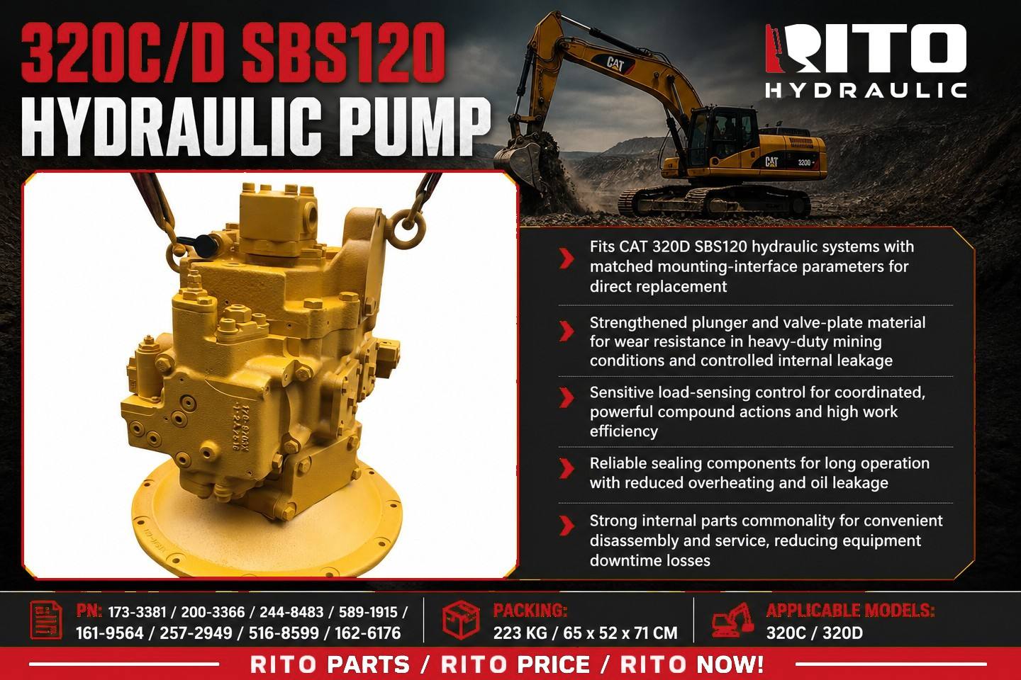 CAT 320C 320D SBS120 hydraulic pump 173-3381 200-3366 244-8483 power loss under heavy load - RITO HYDRAULIC