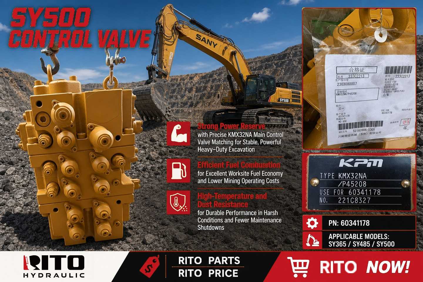 SANY SY365 SY485 SY500 control valve KMX32NA P45208 60341178 - how to read the plate - RITO HYDRAULIC