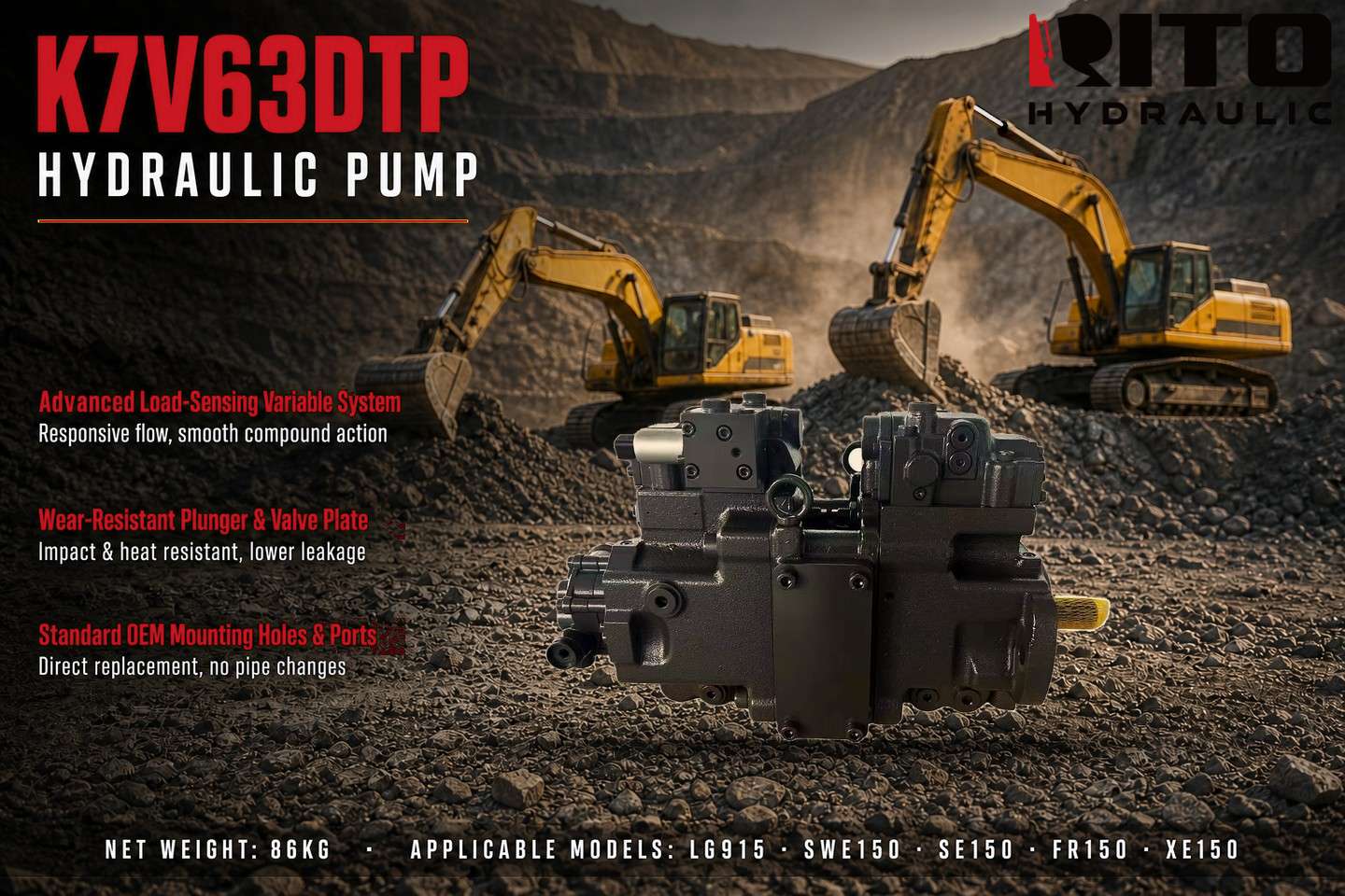 Kawasaki K7V63DTP hydraulic pump for 15-ton excavators LG915 SWE150 SE150 FR150 XE150 - RITO HYDRAULIC