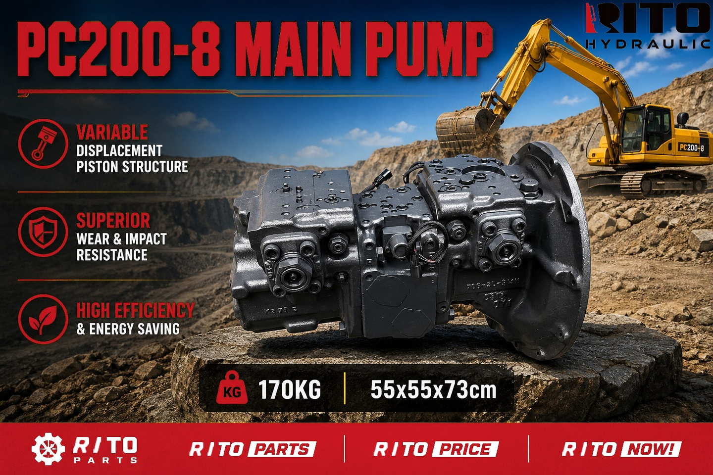 Komatsu PC200-8 main pump explained - variable displacement piston pump - RITO HYDRAULIC