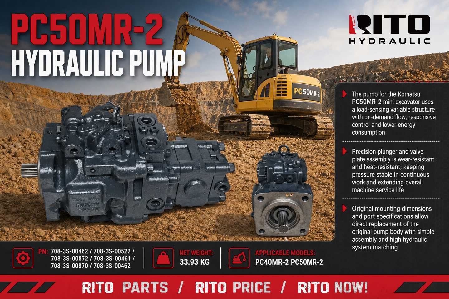 Komatsu PC40MR-2 / PC50MR-2 Hydraulic Pump: How to Match the Right Part Number (708-3S-00462 & Alternatives, 2026)