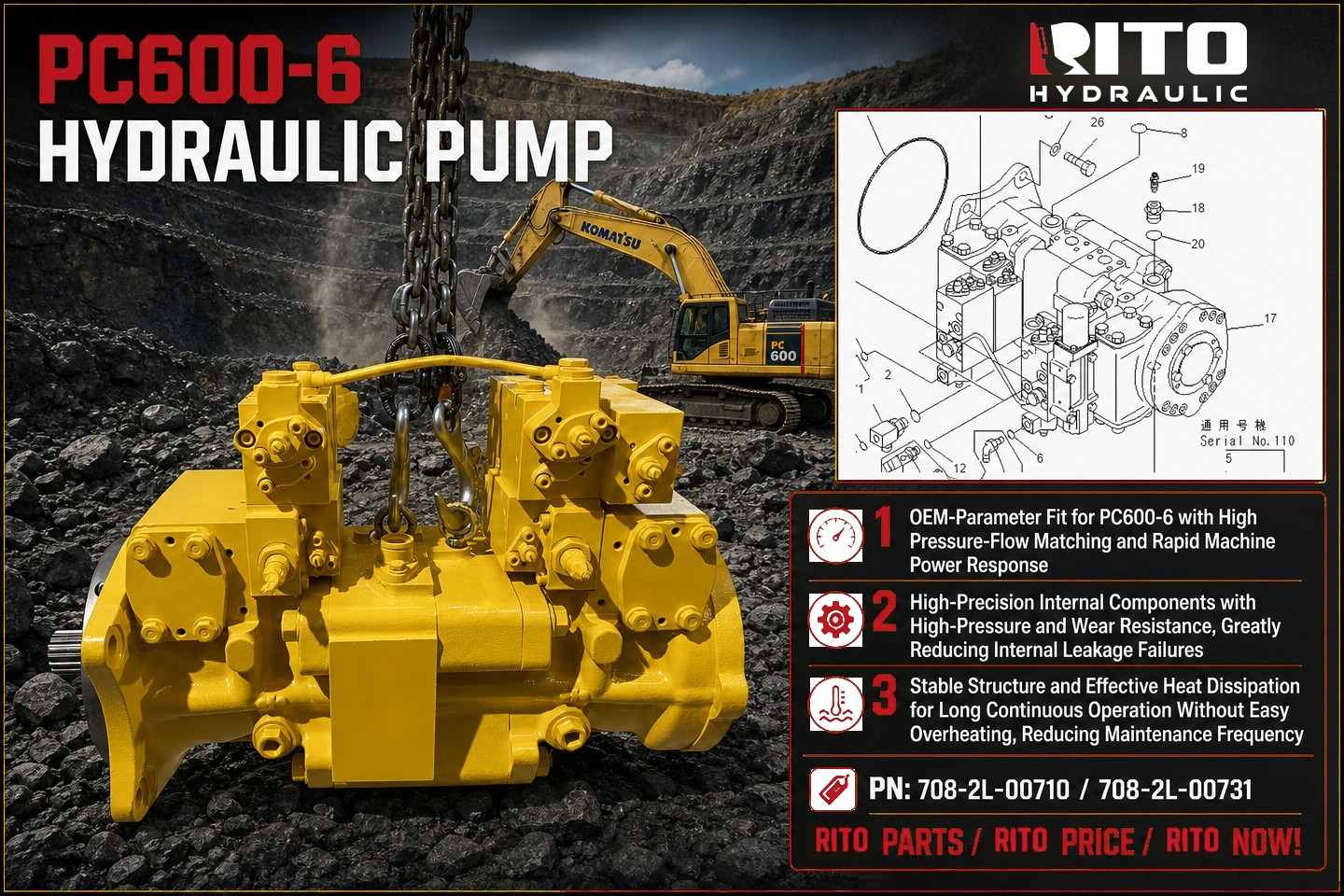 Komatsu PC600-6 hydraulic pump 708-2L-00710 708-2L-00731 case drain flow wear diagnosis - RITO HYDRAULIC