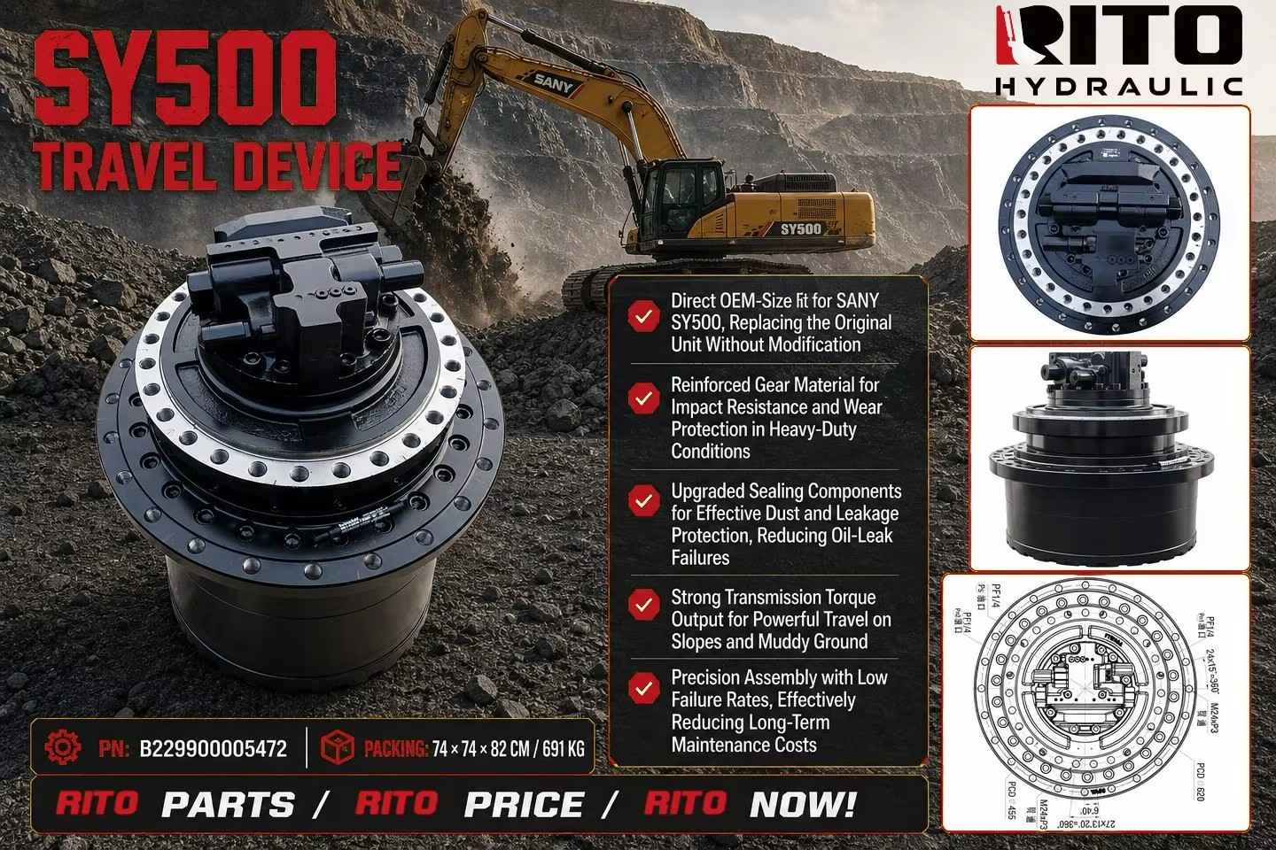 SANY SY500 travel device B229900005472 FTM85 travels slowly on one side final drive diagnosis - RITO HYDRAULIC