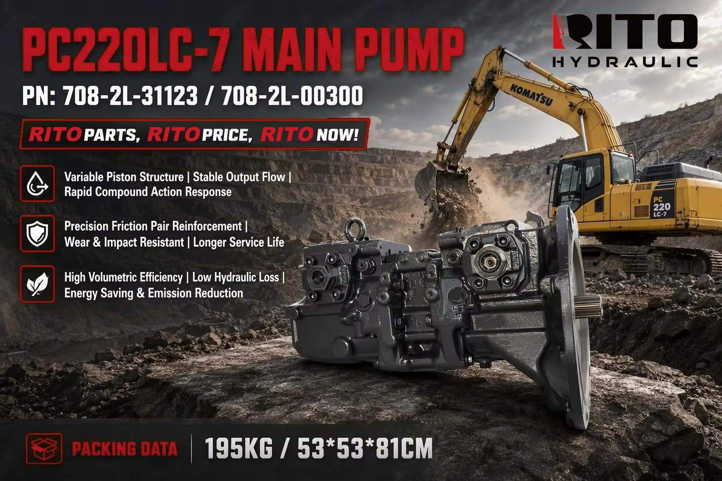 Komatsu PC200-7 / PC220LC-7 main pump 708-2L-31123 / 708-2L-00300 - spec reference - RITO HYDRAULIC